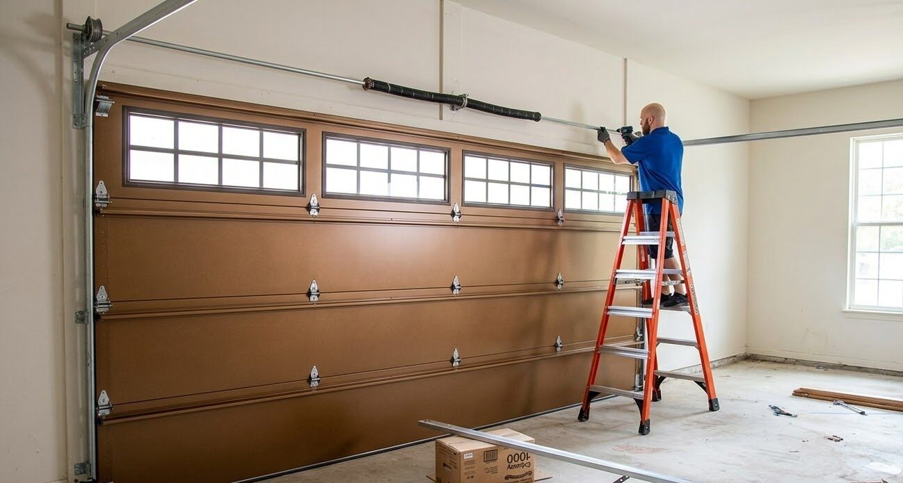 Technician inspecting garage door lift cables and drums on a residential door in Lakeland Florida